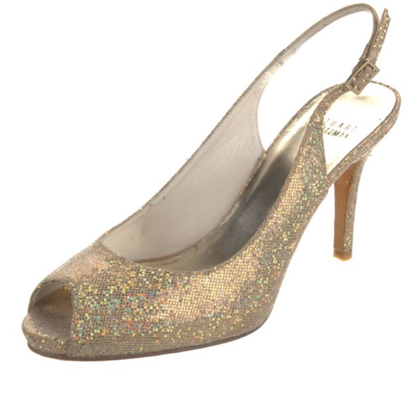 Stuart Weitzman Gold sparkly open toed slingback 9 - Picture 2 of 9